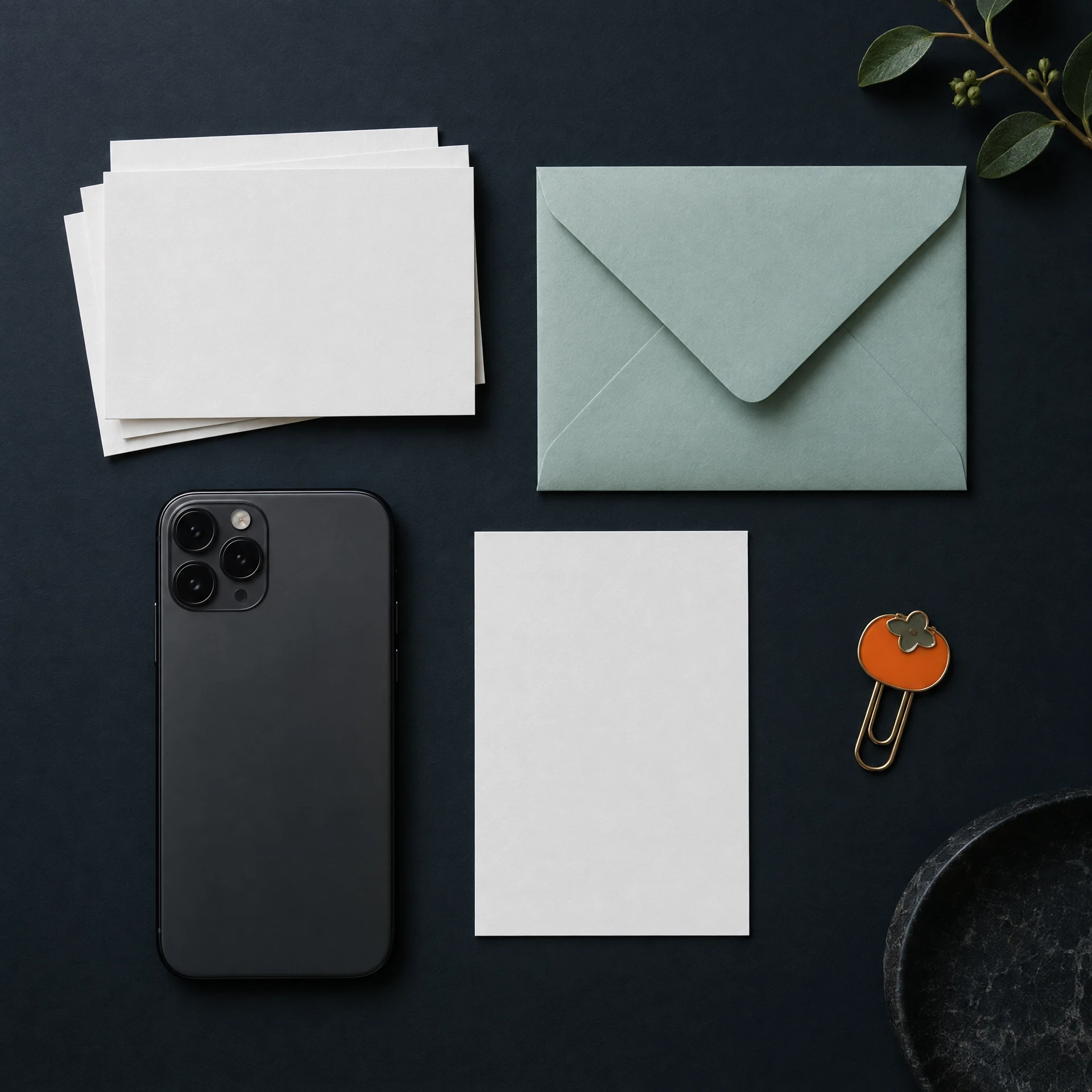 Blank cards, closed sea glass envelope and phone on midnight surface