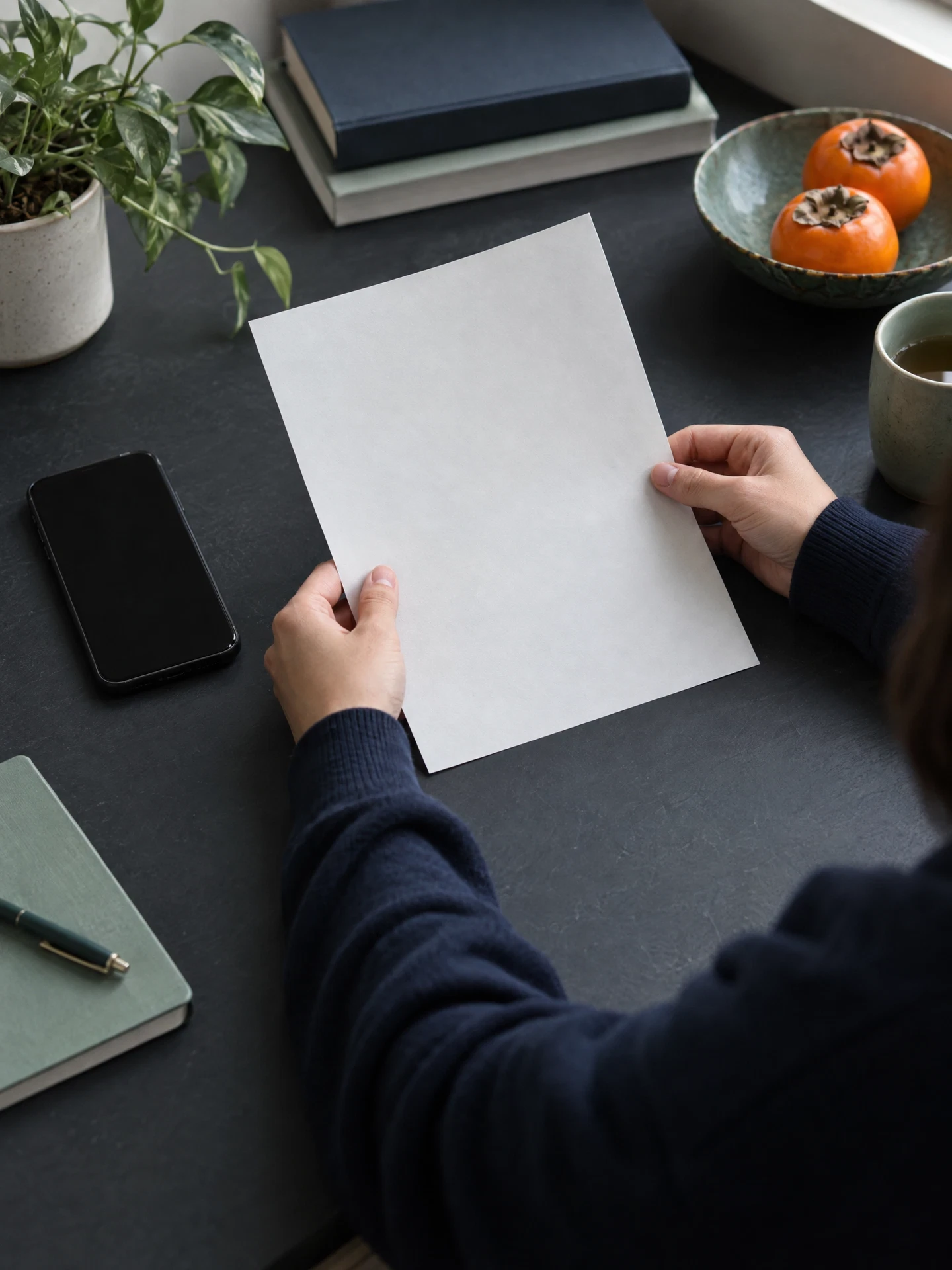 Person reading blank policy page beside a generic phone