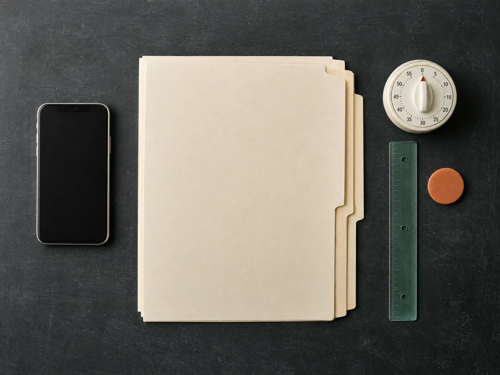 Generic phone, blank folders and analog timer on a chalk surface