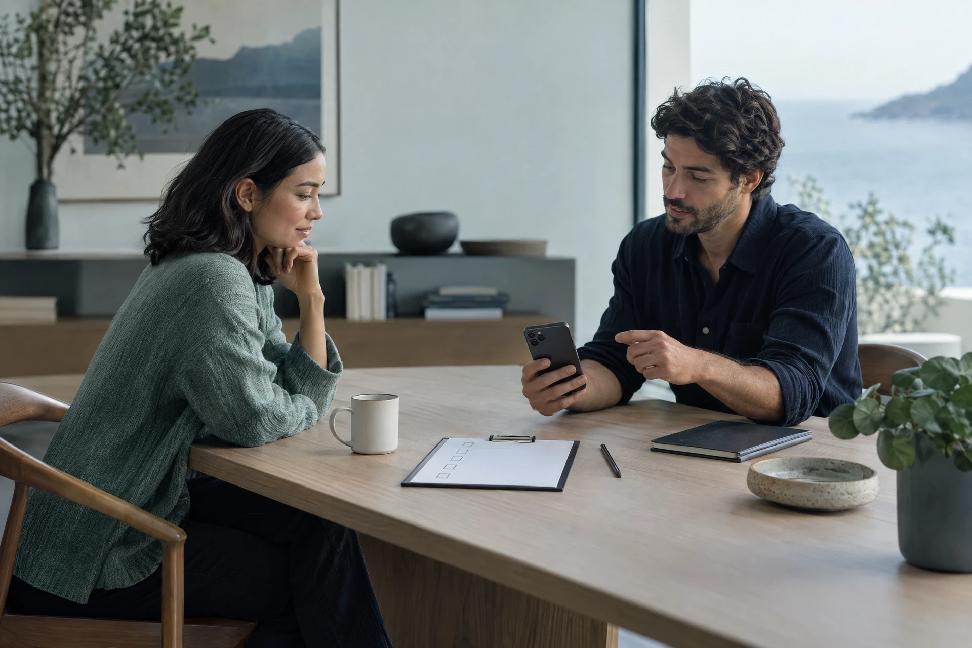 Two people discussing a generic phone and blank checklist at a spacious desk