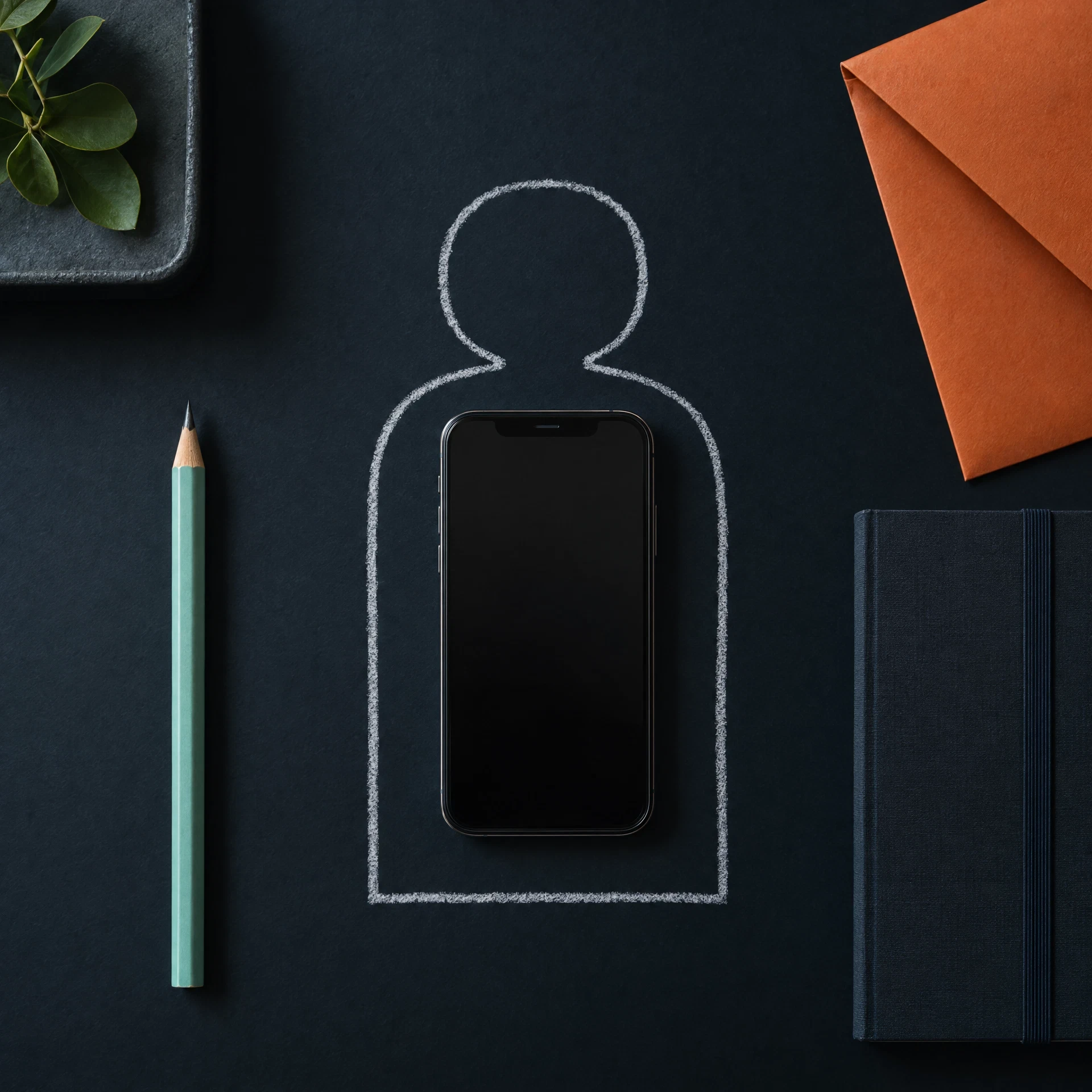 Generic phone inside chalk outline with sea glass pencil and folded paper