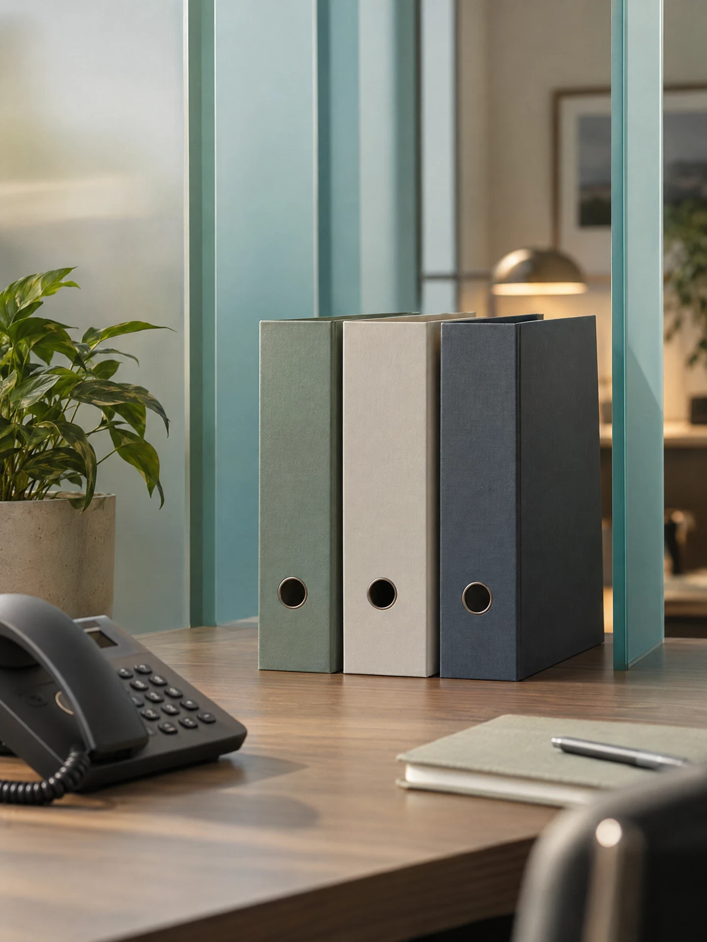 Three blank document folders upright with generic phone in foreground