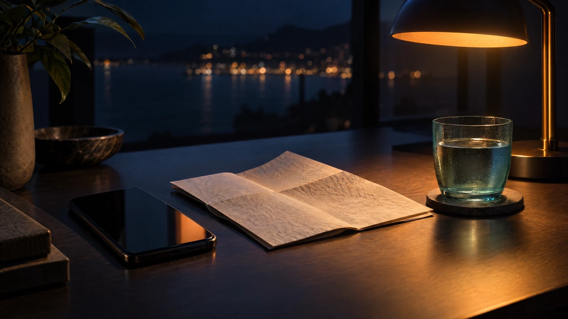 Evening desk with generic phone, folded chalk paper and lamp