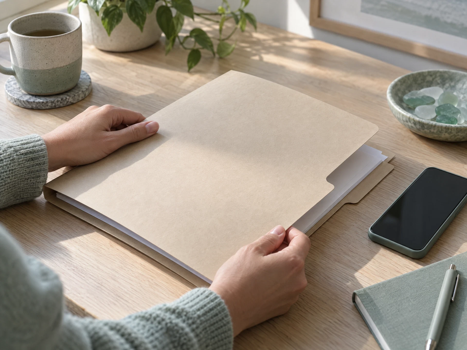 Hands closing plain paper folder beside an unbranded phone